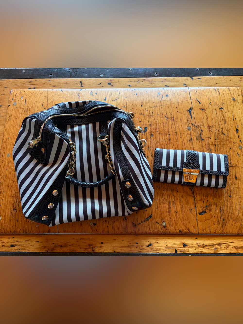 henri bendel Black and White Striped Shoulder Bag with Matching Wallet